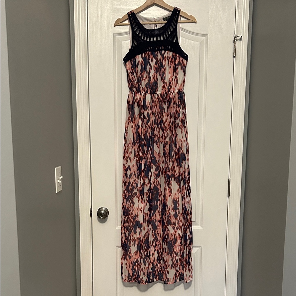Lily Rose Sleeveless Maxi Dress - Pink and Blue with crocheted front detail